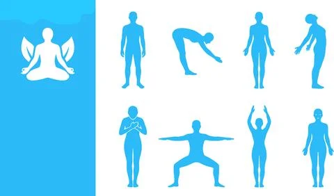 Yoga poses silhouettes vector set depicting meditation and wellness stretch.. Stock Illustration