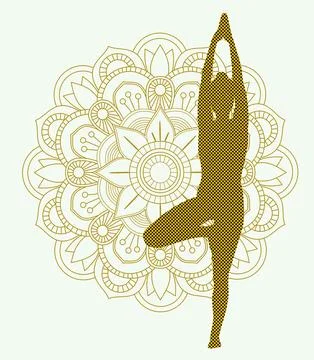 Yoga poses: Tree pose with mandala Stock Illustration