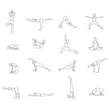 Yoga postures linear silhouette set Stockillustratie