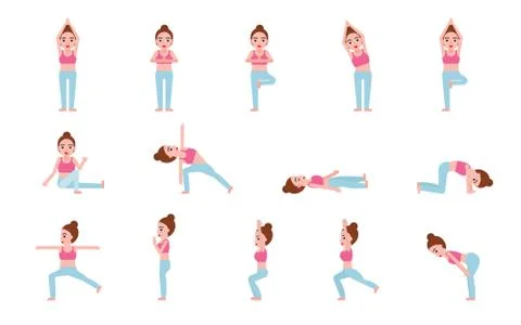 Yoga postures set vector illustration, flat design Stock Illustration