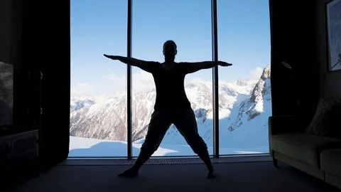 Yoga practice in the room with mountain view Video stock 171622480