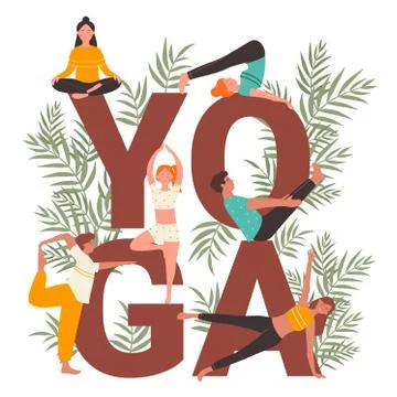 Yoga practice vector illustration set, cartoon flat active people practicing Stock Illustration