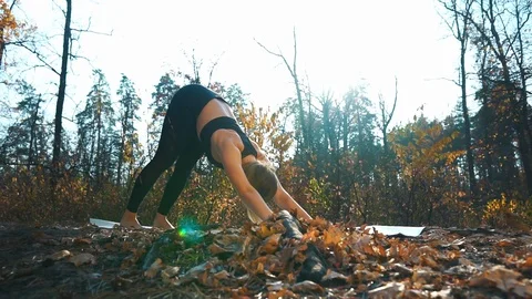 Yoga practitioner changes poses in autumn forest slow motion Stock Footage 125270403