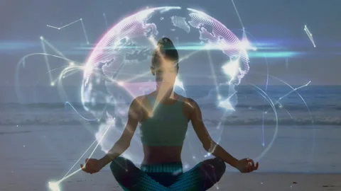 Yoga practitioner meditating beach, digital lines drifting sky forming Stock Footage 311085006