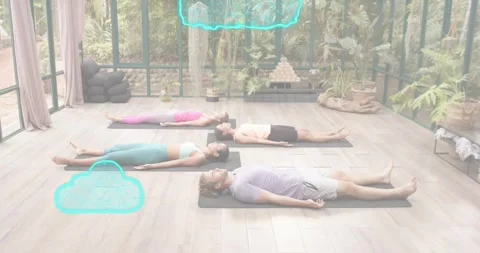 Yoga practitioners settling into corpse pose in glass pavilion cyan clouds Stock Footage 317406102