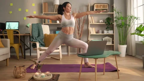 Yoga session practice at home online course watching tutorial 動画素材 144681947