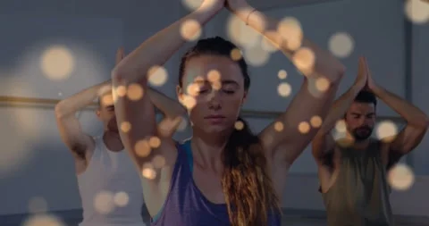 Yoga starting pose driving camera zooming on woman holding prayer pose for calm, Stock Footage 332290190