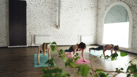 Yoga students are doing elements of Sun Salutation warm-up sequence on bright Video stock 89068583