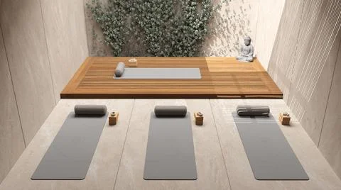 Yoga studio interior design in beige tones, japanese zen style, exterior gard Stock Illustration