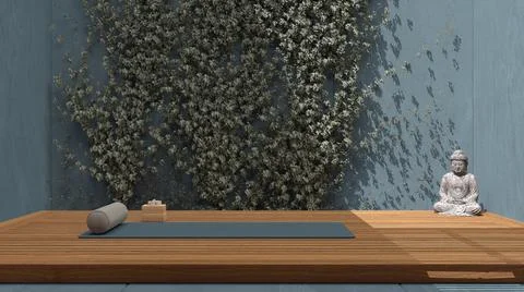 Yoga studio interior design in blue tones, japanese zen style, exterior garde Stock Illustration