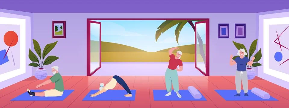 Yoga studio interior with elderly characters on mats and a picture window. Stock Illustration