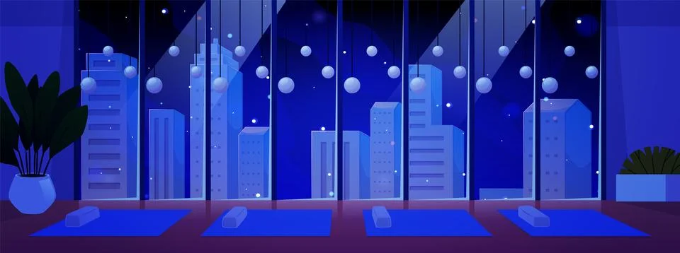 Yoga studio interior at night vector flat illustration, empty dark room with Stock Illustration