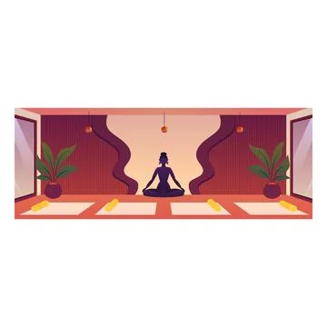 Yoga studio interior vector flat illustration, empty room with statue figure of Stock Illustration