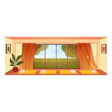 Yoga studio interior vector flat illustration, empty cozy meditation room Stock Illustration