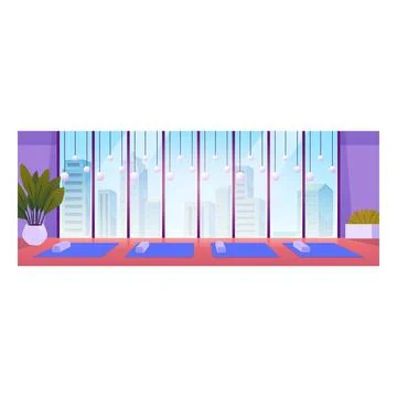 Yoga studio interior vector flat illustration, empty room with panoramic window Stock Illustration