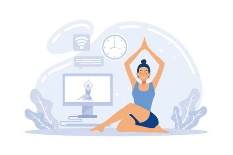 Yoga studios streaming online classes. Girl watching online sport tutorials.. Illustrazione stock