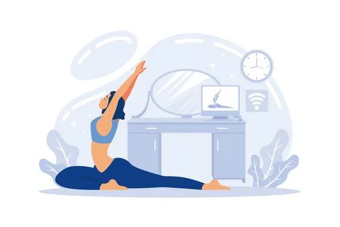 Yoga studios streaming online classes. Girl watching online sport tutorials.. Illustrazione stock