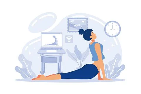 Yoga studios streaming online classes. Girl watching online sport tutorials.. Illustrazione stock