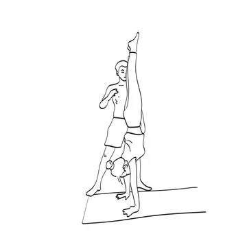 Yoga teacher or pilates instructor helping young woman to make handstand Stockillustratie