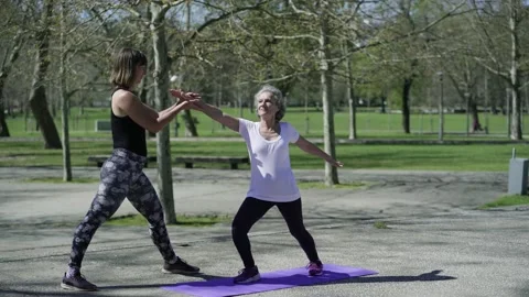 Yoga teacher training client in park Stock Footage 135520236