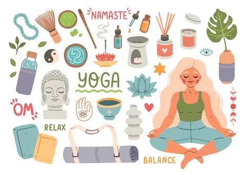 Yoga time elements set. Vector flat illustration イラスト素材