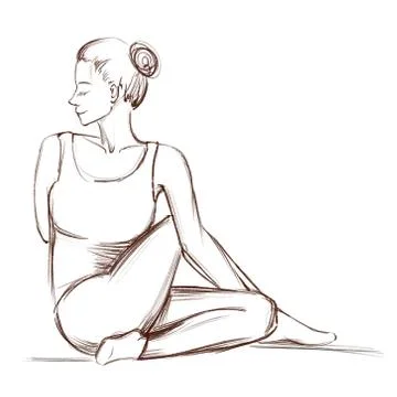 Yoga. Twisting posture for the back. Contour drawing of a girl who goes in for Stock Illustration
