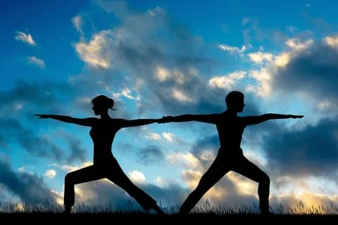 Yoga in two at sunset Stock Illustration