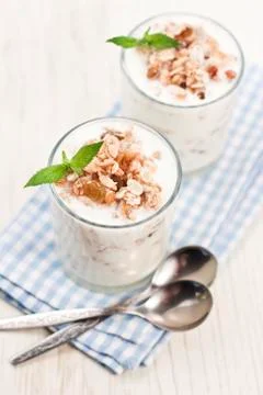 Yoghurt with muesli Stock Photos