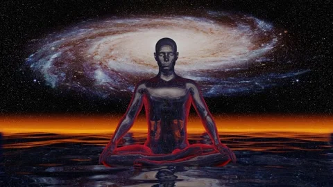 Yogi made of glass meditating on water with stars and galaxy Stock Footage 311567341