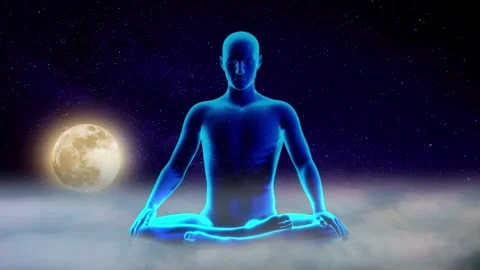 Yogi sitting in the moving clouds with the full moon rising Stock Footage 246790319