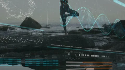Yogi walking onto rock, moving into tree pose for fitness, HUD charts animating Stock Footage 333278328