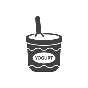 Yogurt container with a spoon icon in flat style. Dairy product background .. Illustrazione stock