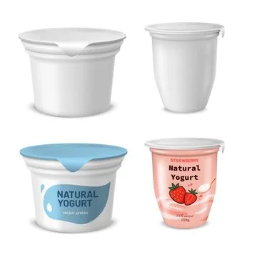 Yogurt cup mockup set with empty, white plastic container and with bright labels Stock Illustration