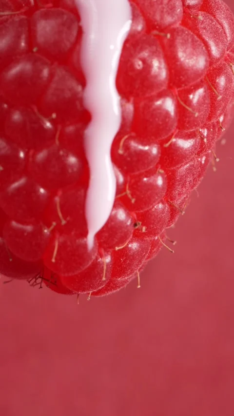 Yogurt drops pouring onto raspberry berry, macro Stock Footage 308931124