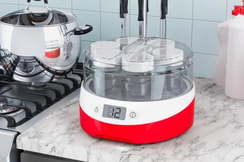 Yogurt maker closeup on the kitchen table. 3D rendering Stock Illustration