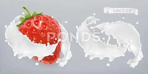 Yogurt, milk splash with strawberry. Set 3d vector elements. Package design Stock Illustration