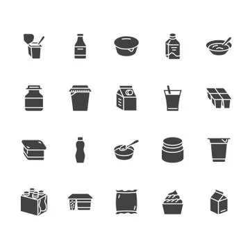 Yogurt packaging flat glyph vector icons. Dairy products - milk bottle, sour Illustrazione stock