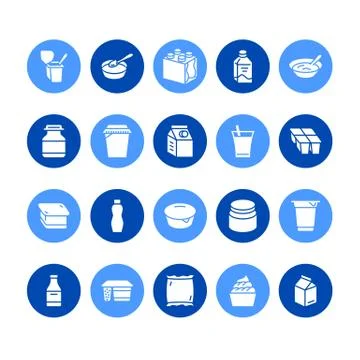 Yogurt packaging flat glyph vector icons. Dairy products - milk bottle, sour Illustrazione stock