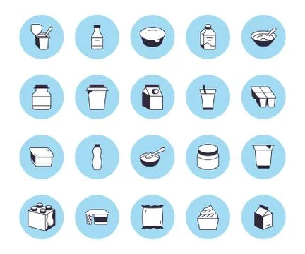 Yogurt packaging flat line icons. Dairy products - milk bottle, cream, kefir Stock Illustration