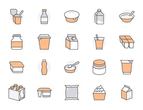 Yogurt packaging flat line icons. Dairy products - milk bottle, cream, kefir Illustrazione stock