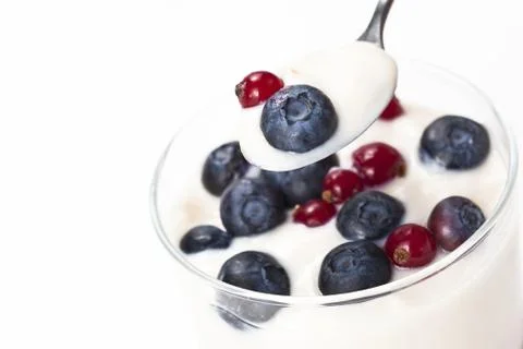 Yogurt in plastic box container over white background Stock Photos