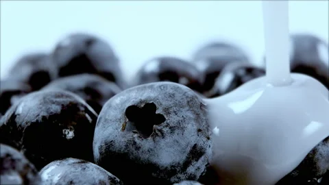 Yogurt pours on fresh blueberries. Berries in whipped cream. Organic,vegan food Stock Footage 146014624