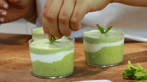 Yogurt soup mint plating and Serving in colors cucumber  Stock Footage 68781019