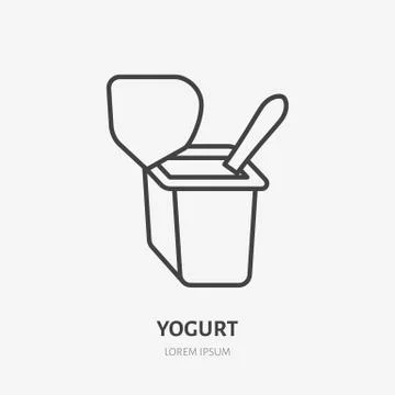 Yogurt with spoon flat logo, breakfast icon. Dairy product vector illustration Stock Illustration
