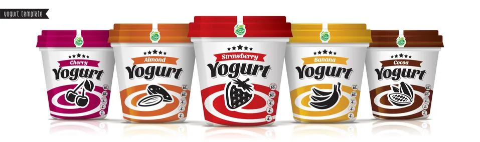 Yogurt vector packaging design. Fruit and nuts yogurt set. Stock Illustration