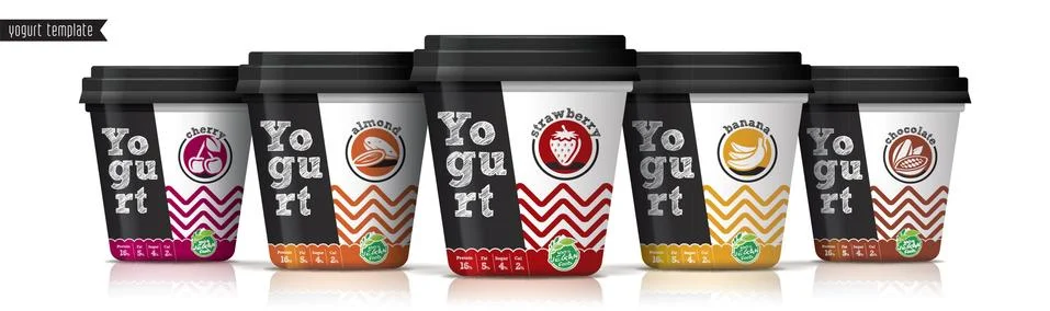 Yogurt vector packaging design. Fruit and nuts yogurt set. Stock Illustration