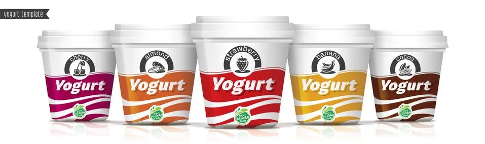 Yogurt vector packaging design. Fruit and nuts yogurt set. Stock Illustration