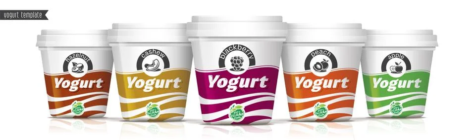 Yogurt vector packaging design. Fruit and nuts yogurt set. Stock Illustration