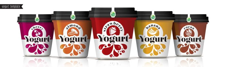 Yogurt vector packaging design. Fruit and nuts yogurt set. Stock Illustration