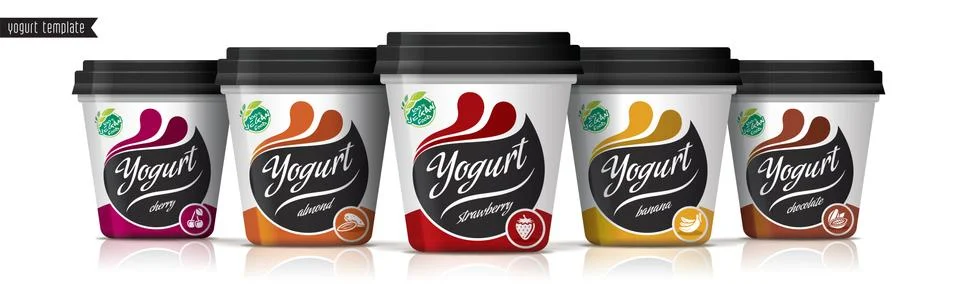 Yogurt vector packaging design. Fruit and nuts yogurt set. Stock Illustration